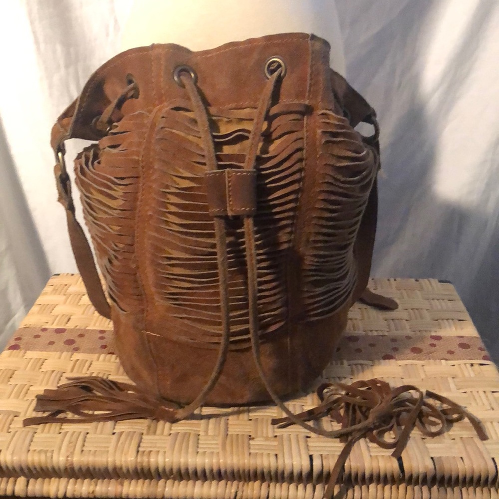 Genuine Leather Raj Suede tassel bucket hobo bag with adjustable strap